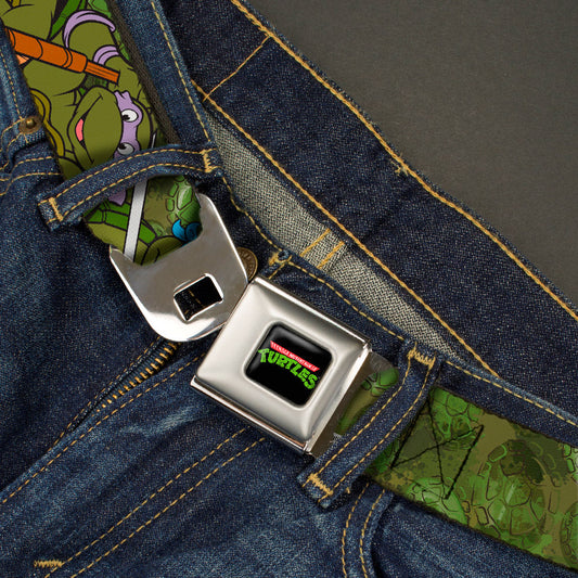 Classic TMNT Logo Full Color Seatbelt Belt - Classic Teenage Mutant Ninja Turtles Group Pose CLOSE-UP Camo Turtle Shell Webbing - MEGA POP COMICS 