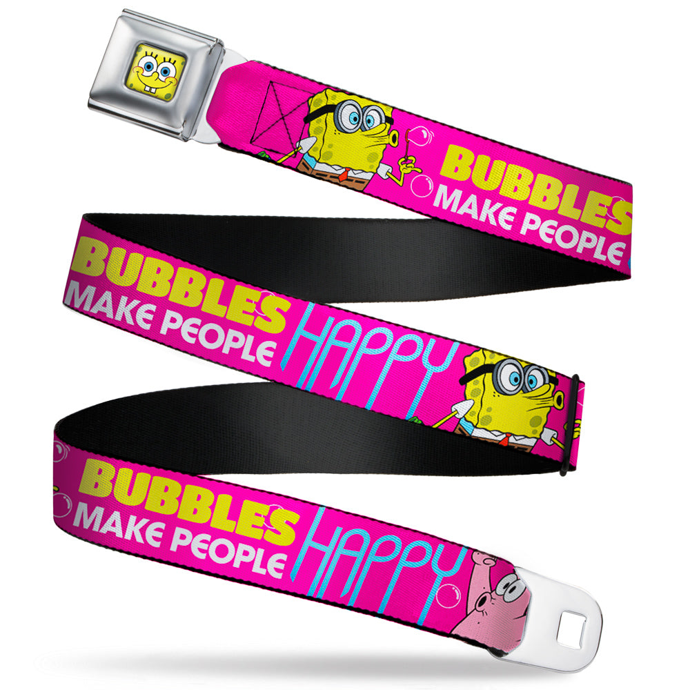 Sponge Bob Face CLOSE-UP Full Color Seatbelt Belt - Patrick Starfish Pose BUBBLES MAKE PEOPLE HAPPY Pink/Yellow/White/Blue Webbing - MEGA POP COMICS 