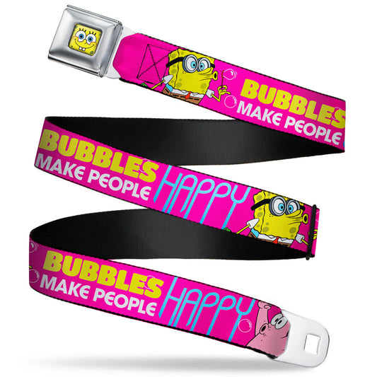 Sponge Bob Face CLOSE-UP Full Color Seatbelt Belt - Patrick Starfish Pose BUBBLES MAKE PEOPLE HAPPY Pink/Yellow/White/Blue Webbing - MEGA POP COMICS 