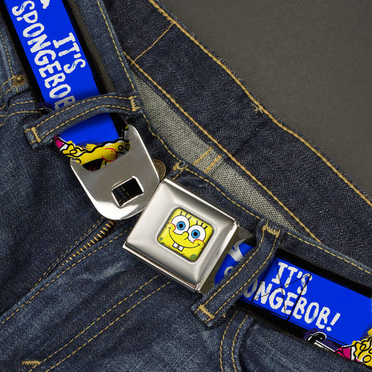Sponge Bob Face CLOSE-UP Full Color Seatbelt Belt - SpongeBob Pose IT'S SPONGEBOB! Stripe Black/Blue/White Webbing - MEGA POP COMICS 