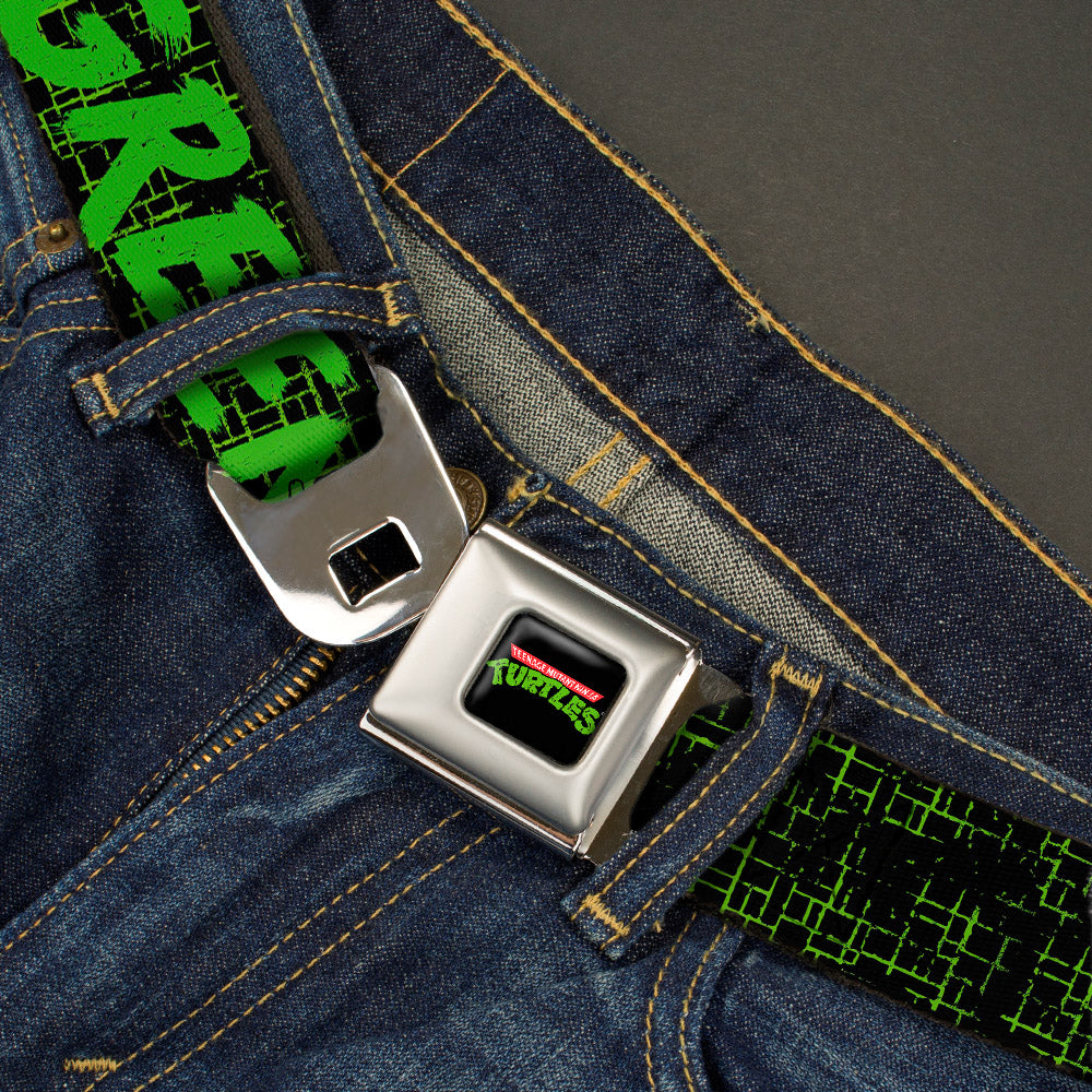 Classic TMNT Logo Full Color Seatbelt Belt - Classic TMNT Group Pose6/KEEPING IT LEAN, MEAN & GREEN Black/Green/White Webbing - MEGA POP COMICS 