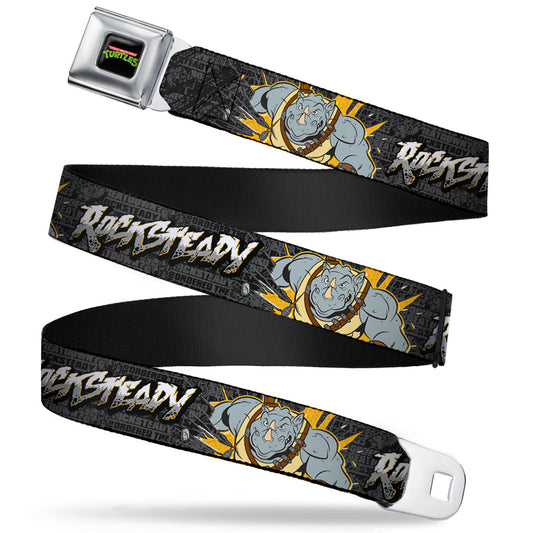 Classic TMNT Logo Full Color Seatbelt Belt - ROCKSTEADY Break Through Pose/BEATDOWN Black/Grays/Gold Webbing - MEGA POP COMICS 