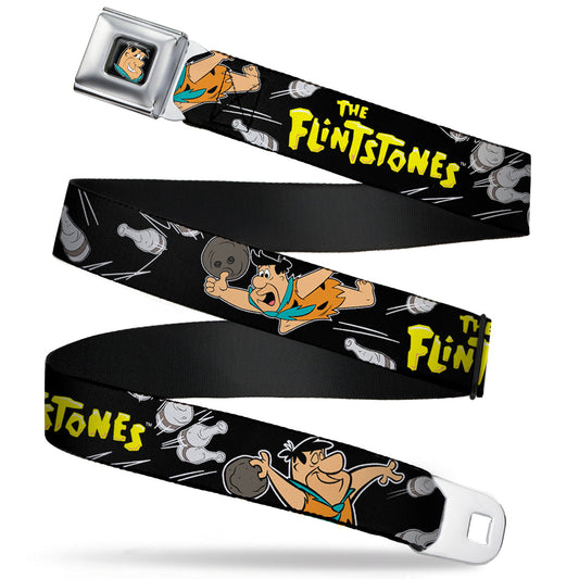Fred Face Full Color Black Seatbelt Belt - THE FLINTSTONES Fred Bowling Poses/Bowling Pins Black Webbing - MEGA POP COMICS 