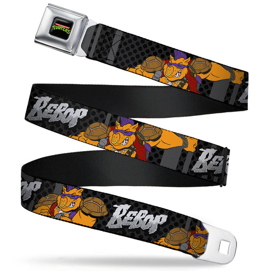 Classic TMNT Logo Full Color Seatbelt Belt - BEBOP 2-Poses Stripes/Dots Black/Grays Webbing - MEGA POP COMICS 