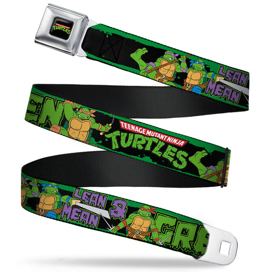 Classic TMNT Logo Full Color Seatbelt Belt - Classic TEENAGE MUTANT NINJA TURTLES Logo/Group Pose5/LEAN MEAN & GREEN Webbing - MEGA POP COMICS 