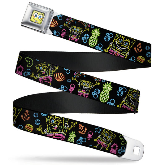 Sponge Bob Face CLOSE-UP Full Color Seatbelt Belt - Electric SpongeBob Poses/Elements Black/Multi Color Webbing - MEGA POP COMICS 
