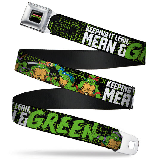 Classic TMNT Logo Full Color Seatbelt Belt - Classic TMNT Group Pose6/KEEPING IT LEAN, MEAN & GREEN Black/Green/White Webbing - MEGA POP COMICS 