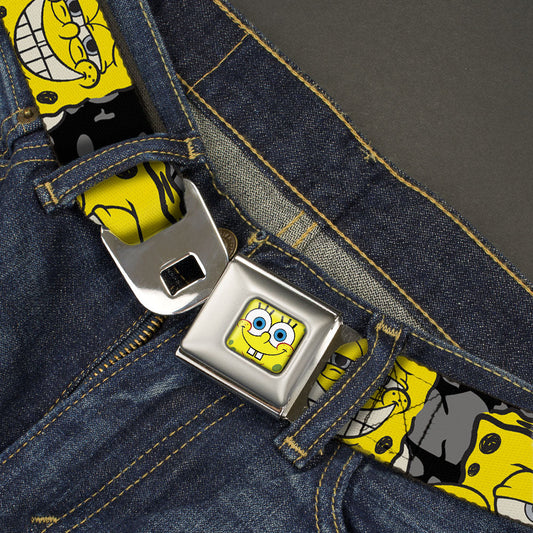 Sponge Bob Face CLOSE-UP Full Color Seatbelt Belt - SpongeBob 4-CLOSE-UP Expressions/Crackle Black/Gray/Yellow Webbing - MEGA POP COMICS 