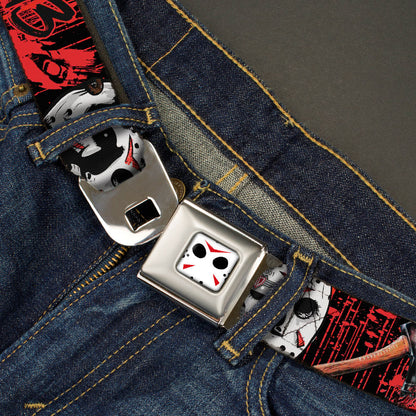 Jason Mask CLOSE-UP Full Color Black/White/Red Seatbelt Belt - FRIDAY THE 13th/Jason Mask4/Axe Blood Splatter Black/Red/White Webbing - MEGA POP COMICS 