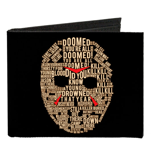 Canvas Bi-Fold Wallet - Jason Mask Quotes Collage + FRIDAY THE 13TH Logo Black Ivory Reds - MEGA POP COMICS 