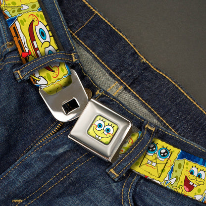 Sponge Bob Face CLOSE-UP Full Color Seatbelt Belt - SpongeBob Expressions Stripe Blue Webbing - MEGA POP COMICS 