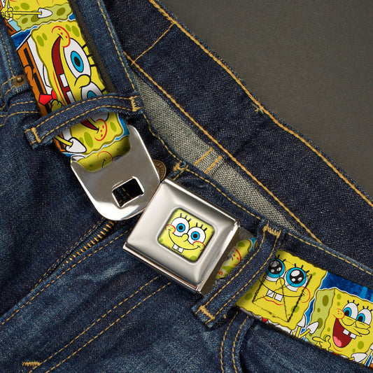 Sponge Bob Face CLOSE-UP Full Color Seatbelt Belt - SpongeBob Expressions Stripe Blue Webbing - MEGA POP COMICS 