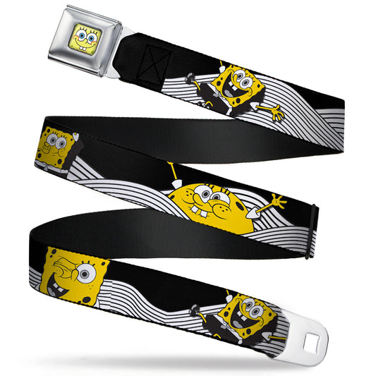 Sponge Bob Face CLOSE-UP Full Color Seatbelt Belt - SpongeBob Action Poses/Wave Black/White/Yellow Webbing - MEGA POP COMICS 