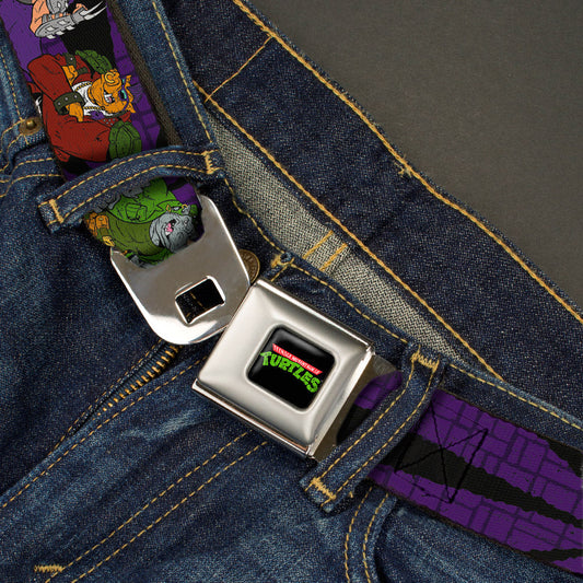 Classic TMNT Logo Full Color Seatbelt Belt - Classic Teenage Mutant Ninja Turtles Group & Villain Poses Purple Webbing - MEGA POP COMICS 