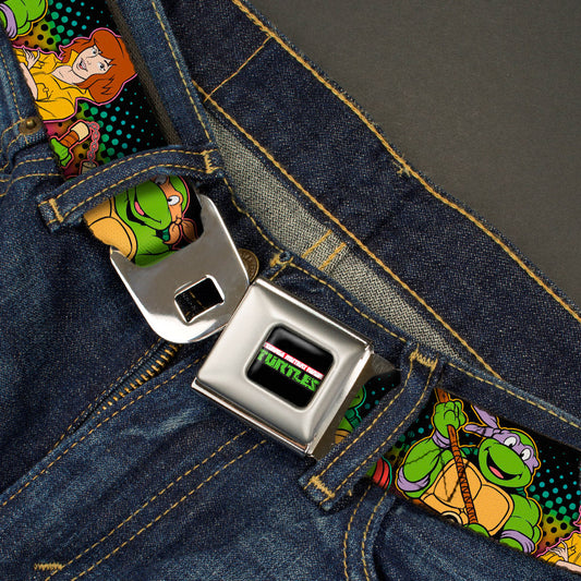Classic TMNT Logo2 Full Color Seatbelt Belt - Classic TMNT Logo2/Turtles & April Pose Halftone Multi Color/Black Webbing - MEGA POP COMICS 