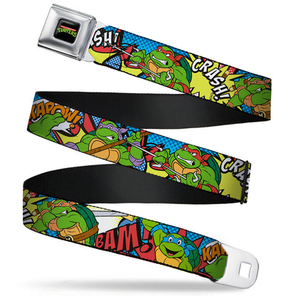 Classic TMNT Logo Full Color Seatbelt Belt - Classic Teenage Mutant Ninja Turtles Action Poses/Action Bubbles Dots Blues Webbing - MEGA POP COMICS 