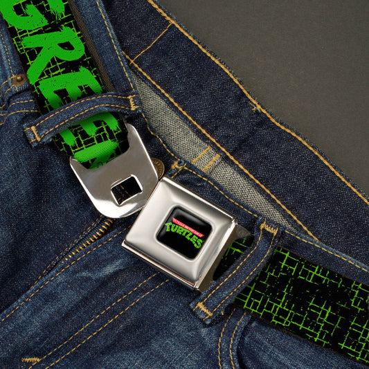 Classic TMNT Logo Full Color Seatbelt Belt - Classic TMNT Group Pose6/KEEPING IT LEAN, MEAN & GREEN Black/Green/White Webbing - MEGA POP COMICS 