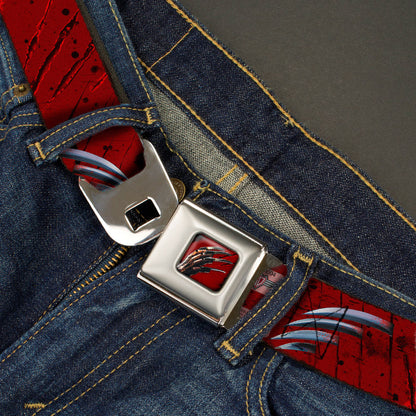 Freddy Krueger Blade Hand Full Color Black/Blood Splatter Seatbelt Belt - A NIGHTMARE ON ELM STREET/Freddy's Hand Scratching Reds/Black/Gray Webbing - MEGA POP COMICS 