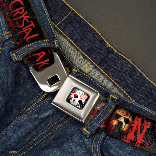 FRIDAY THE 13th/Jason Mask 5 Full Color Splatter Black/White/Red Seatbelt Belt - JASON Mask6/CAMP CRYSTAL LAKE/Hand Prints Blood Splatter Black/Reds/Gray Webbing - MEGA POP COMICS 