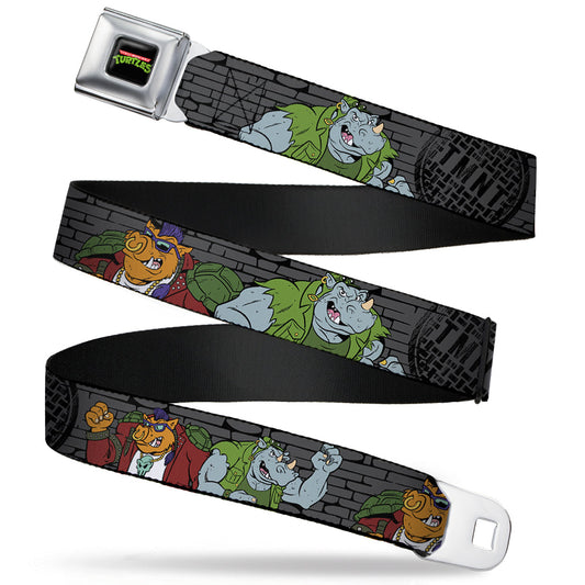 Classic TMNT Logo Full Color Seatbelt Belt - TMNT Rocksteady & Bebop Poses Bricks Gray/Black Webbing - MEGA POP COMICS 