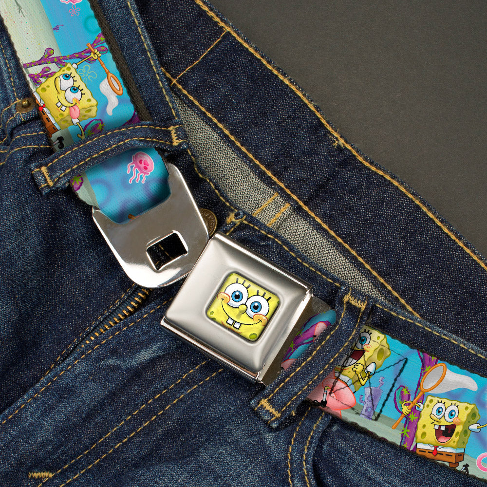 Sponge Bob 3-D Face CLOSE-UP Full Color Seatbelt Belt - SpongeBob & Patrick Starfish Jellyfishing Scenes Webbing - MEGA POP COMICS 