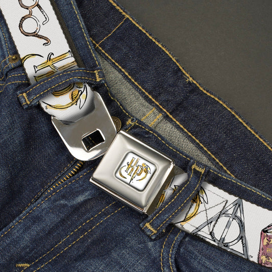 Harry Potter HP Logo Watercolor Full Color White/Yellows Seatbelt Belt - Harry Potter 4-Icons Watercolor White/Multi Color Webbing - MEGA POP COMICS 