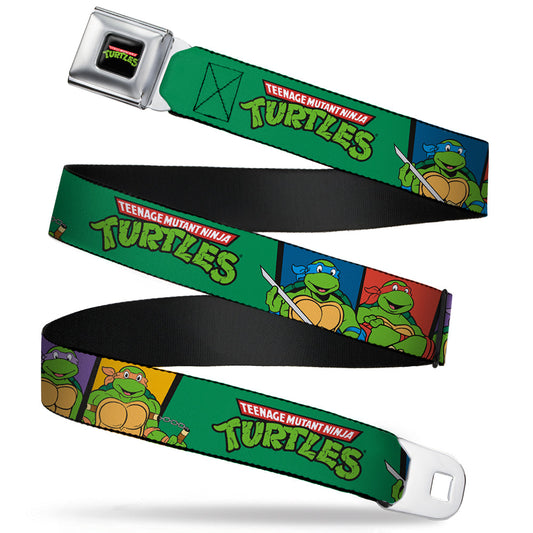 Classic TMNT Logo Full Color Seatbelt Belt - Classic TEENAGE MUTANT NINJA TURTLES Group Pose3/TMNT Logo Green/Multi Color Webbing - MEGA POP COMICS 