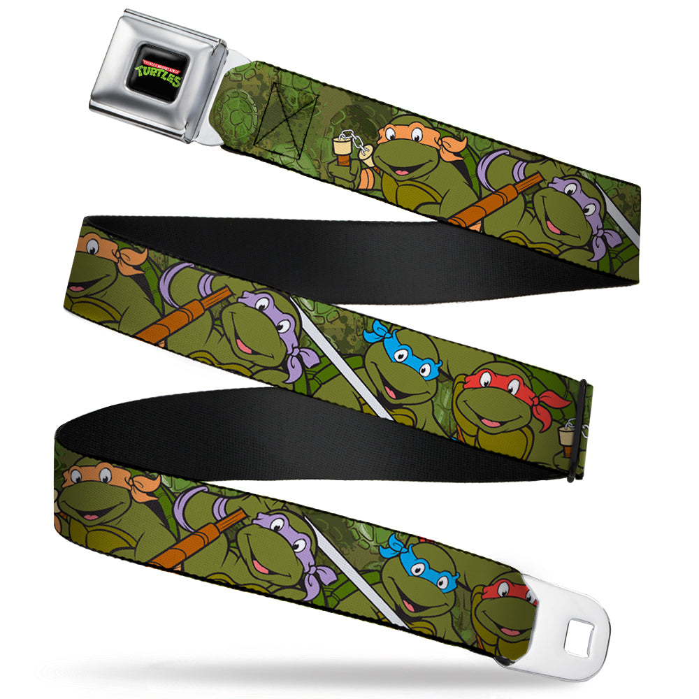 Classic TMNT Logo Full Color Seatbelt Belt - Classic Teenage Mutant Ninja Turtles Group Pose CLOSE-UP Camo Turtle Shell Webbing - MEGA POP COMICS 