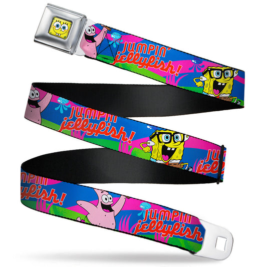 Sponge Bob Face CLOSE-UP Full Color Seatbelt Belt - Nerd SpongeBob & Patrick Starfish Running JUMPIN' JELLYFISH! Multi Color/Red Webbing - MEGA POP COMICS 