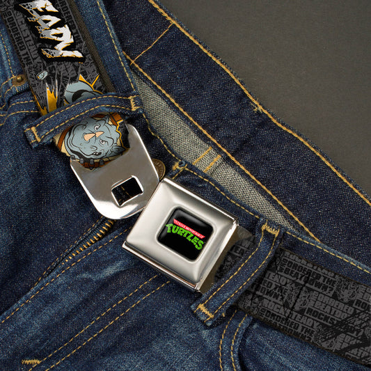 Classic TMNT Logo Full Color Seatbelt Belt - ROCKSTEADY Break Through Pose/BEATDOWN Black/Grays/Gold Webbing - MEGA POP COMICS 