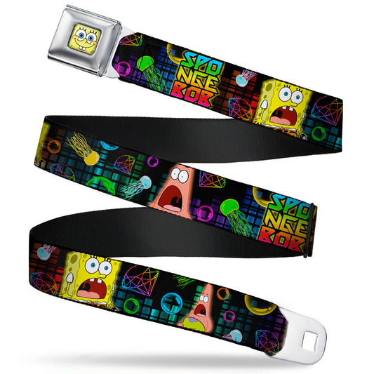 Sponge Bob Face CLOSE-UP Full Color Seatbelt Belt - Surprised SpongeBob & Patrick Starfish/SPONGEBOB/Jellyfish Black/Multi Color Webbing - MEGA POP COMICS 