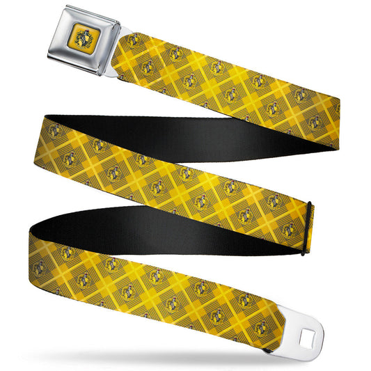 HUFFLEPUFF Crest Full Color Gold Seatbelt Belt - Harry Potter Hufflepuff Crest Plaid Yellows/Gray Webbing - MEGA POP COMICS 