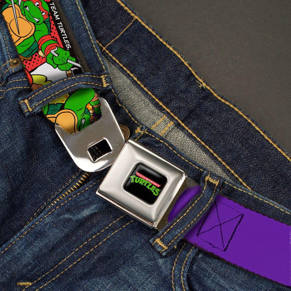 Classic TMNT Logo Full Color Seatbelt Belt - Classic Teenage Mutant Ninja Turtles Action Poses/TEAM TURTLES Webbing - MEGA POP COMICS 