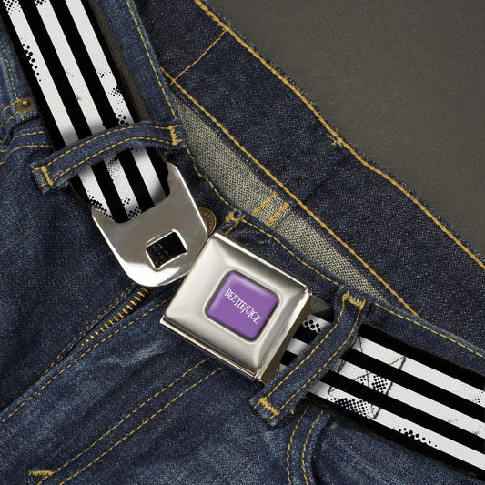 BEETLEJUICE Text Logo Full Color Purple/White Seatbelt Belt - Beetlejuice Suit Striping Black/White Webbing - MEGA POP COMICS 