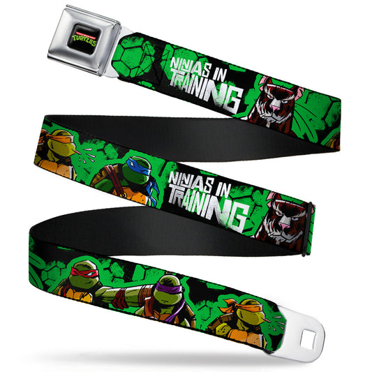 Classic TMNT Logo Full Color Seatbelt Belt - Classic TMNT Turtles Pose11 & Splinter NINJAS IN TRAINING Black/Green Webbing - MEGA POP COMICS 