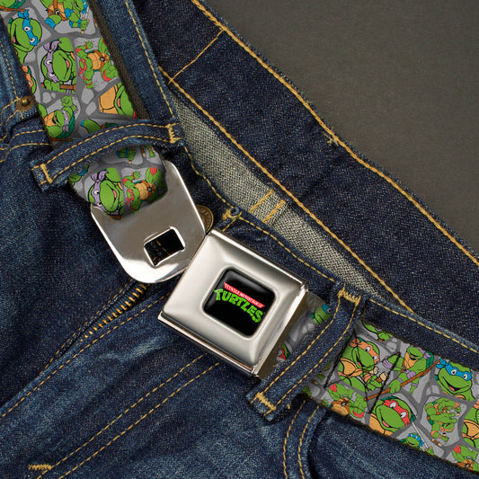 Classic TMNT Logo Full Color Seatbelt Belt - Classic Teenage Mutant Ninja Turtles Expression & Pose Turtle Shell Collage Lavender Webbing - MEGA POP COMICS 