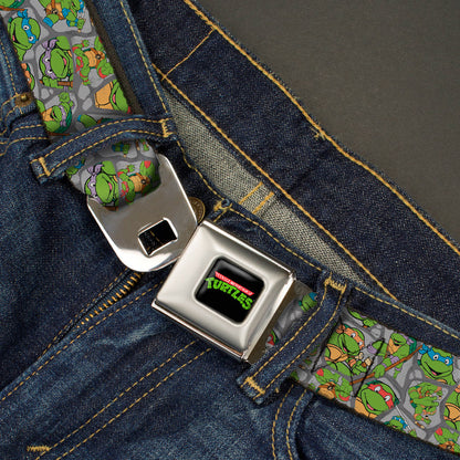 Classic TMNT Logo Full Color Seatbelt Belt - Classic Teenage Mutant Ninja Turtles Expression & Pose Turtle Shell Collage Lavender Webbing - MEGA POP COMICS 
