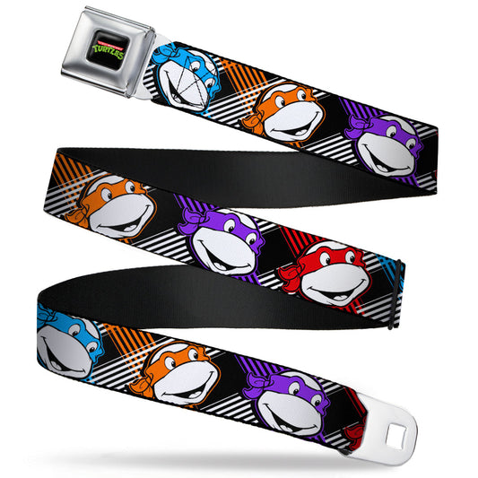 Classic TMNT Logo Full Color Seatbelt Belt - Classic Teenage Mutant Ninja Turtles Masked Faces/Stripes Black/White/Multi Color Webbing - MEGA POP COMICS 