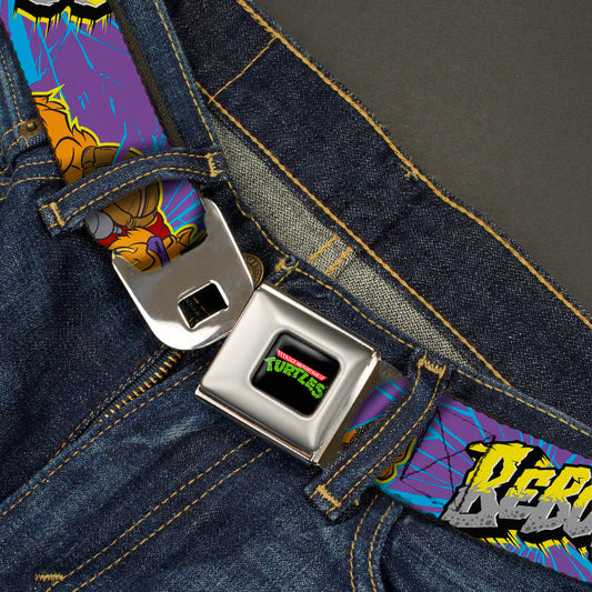 Classic TMNT Logo Full Color Seatbelt Belt - BEBOP Pose/Shatter Purple/Blues/Yellow/Gray Webbing - MEGA POP COMICS 