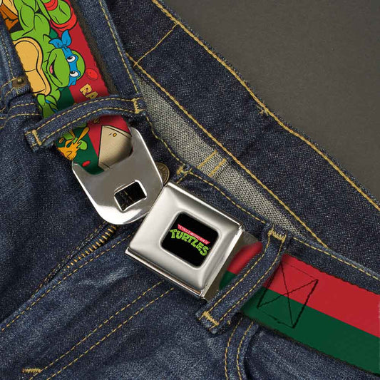 Classic TMNT Logo Full Color Seatbelt Belt - Classic TMNT 4-Turtles Pizza Party Stripe Red/Green Webbing - MEGA POP COMICS 