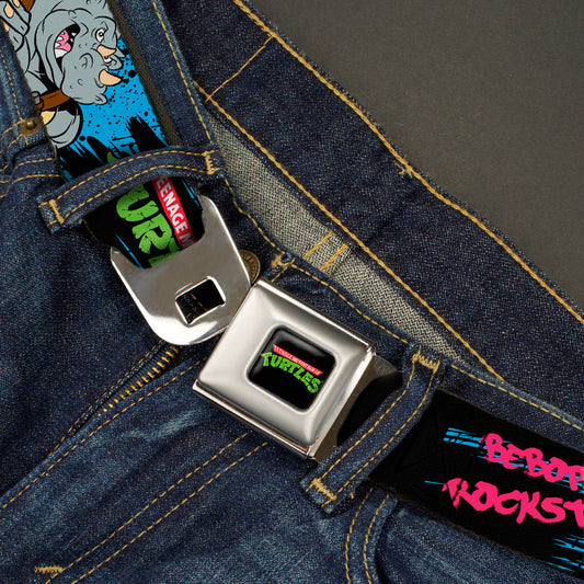 Classic TMNT Logo Full Color Seatbelt Belt - TMNT BEBOP AND ROCKSTEADY Back-to-Back Pose Splatter Blue/Black/Pink Webbing - MEGA POP COMICS 