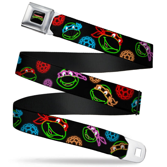 Classic TMNT Logo Full Color Seatbelt Belt - Classic Teenage Mutant Ninja Turtles Electric Expressions/Turtle Shells Black/Multi Neon Webbing - MEGA POP COMICS 