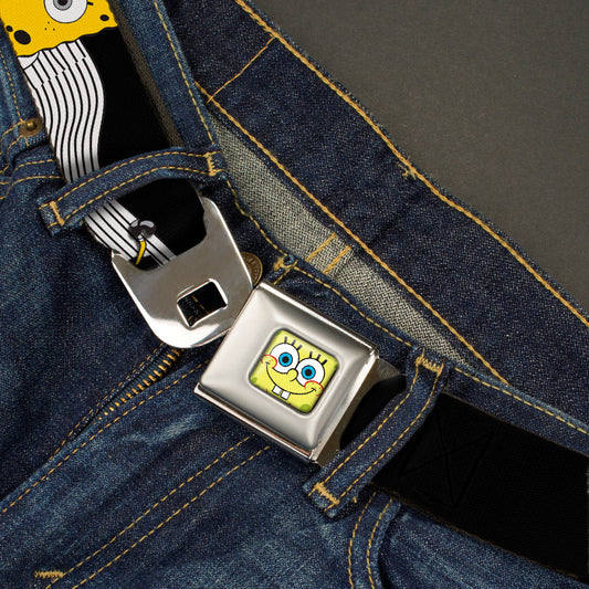 Sponge Bob Face CLOSE-UP Full Color Seatbelt Belt - SpongeBob Action Poses/Wave Black/White/Yellow Webbing - MEGA POP COMICS 