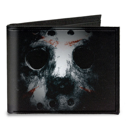 Canvas Bi-Fold Wallet - Jason Mask3 CLOSE-UP + FRIDAY THE 13th Black Grays Red - MEGA POP COMICS 