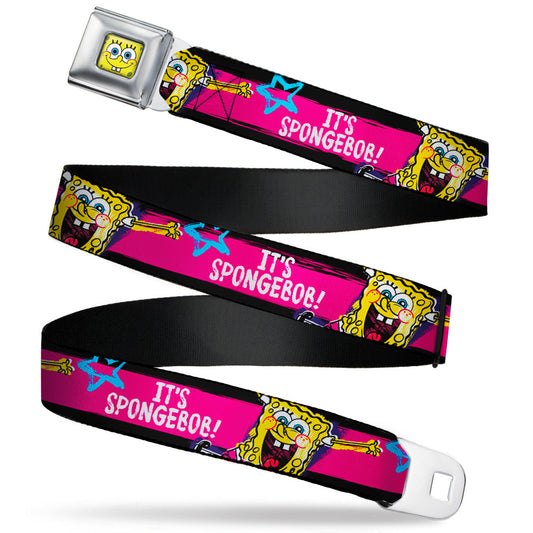 Sponge Bob Face CLOSE-UP Full Color Seatbelt Belt - SpongeBob Pose IT'S SPONGEBOB! Stripe Black/Pink/Blue/White Webbing - MEGA POP COMICS 