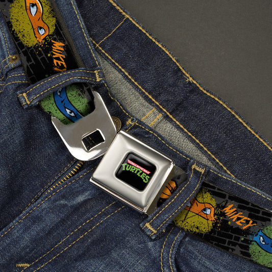 Classic TMNT Logo Full Color Seatbelt Belt - Classic Teenage Mutant Ninja Turtles Faces/Names "Graffiti" Black/Gray/Multi Color Webbing - MEGA POP COMICS 