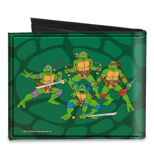 Canvas Bi-Fold Wallet - Classic TMNT Group Faces + Pose Turtle Shell Black Green - MEGA POP COMICS 