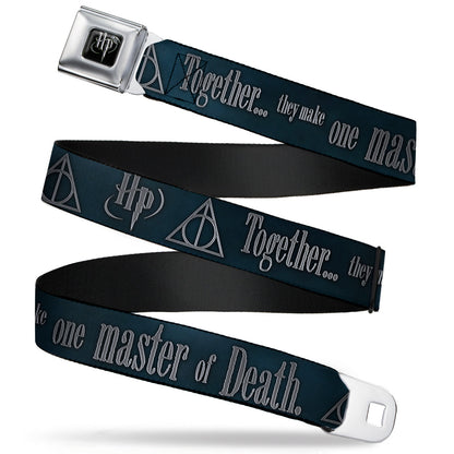 Harry Potter Logo Full Color Black/White Seatbelt Belt - HP/Deathly Hallows Symbol TOGETHER...THEY MAKE ONE MASTER OF DEATH. Blue Fade/Gray Webbing - MEGA POP COMICS 