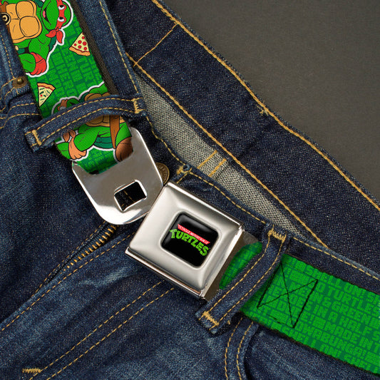 Classic TMNT Logo Full Color Seatbelt Belt - I "HEART" TMNT/Classic Turtles & Pizza Green Webbing - MEGA POP COMICS 