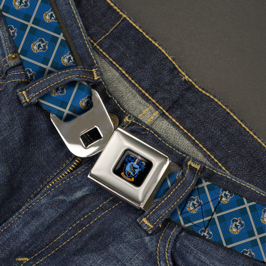 RAVENCLAW Crest Full Color Blue Seatbelt Belt - Harry Potter Ravenclaw Crest Plaid Blues/Gray Webbing - MEGA POP COMICS 